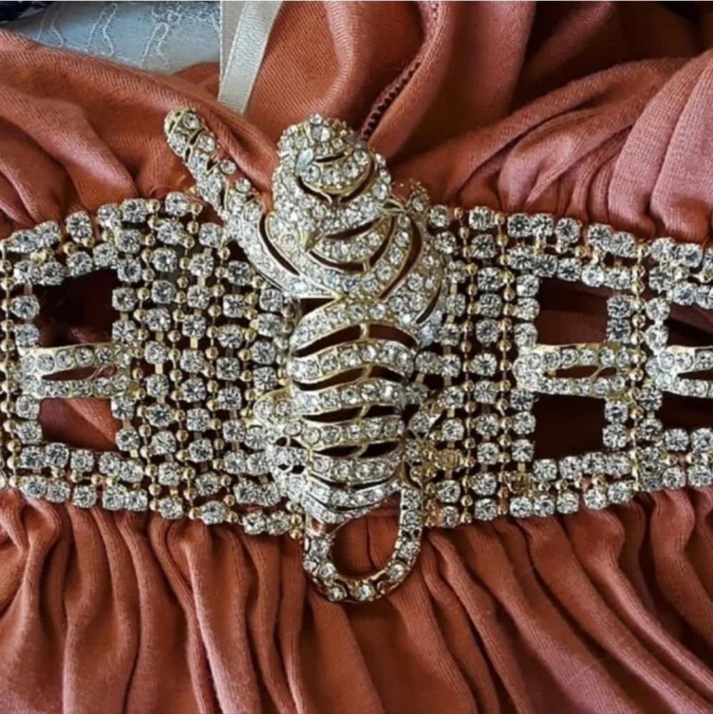 SKY BRAND WOMEN'S ORANGE HALTER LONG MAXI DRESS JEWELED TIGER RHINESTONES SZ S - Picture 7 of 13